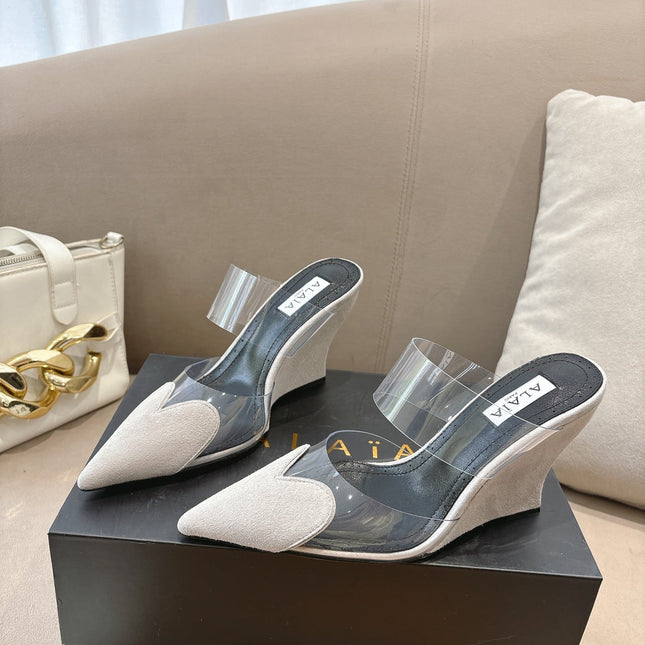 ALAIA 26S HIGH-HEEL WEDGE MULES 95 MM IN OFF WHITE GREY SUEDE