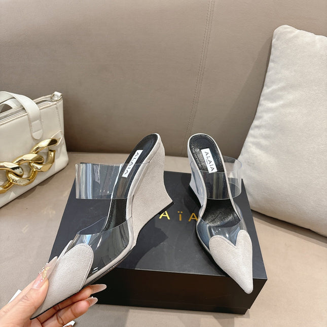 ALAIA 26S HIGH-HEEL WEDGE MULES 95 MM IN OFF WHITE GREY SUEDE