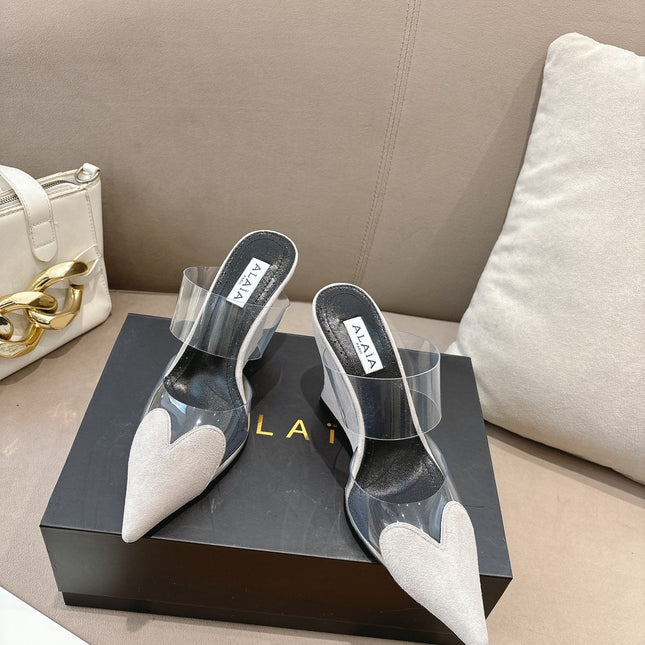 ALAIA 26S HIGH-HEEL WEDGE MULES 95 MM IN OFF WHITE GREY SUEDE