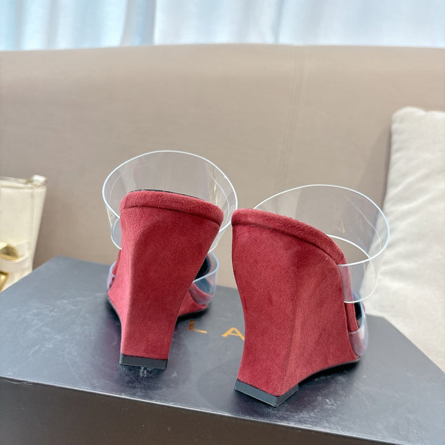ALAIA 26S HIGH-HEEL WEDGE MULES 95 MM IN DARK RED SUEDE