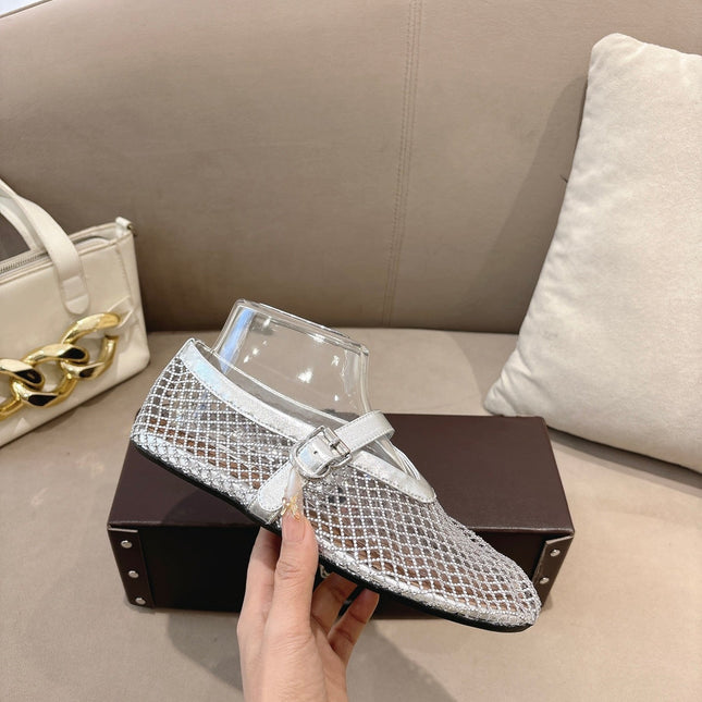 ALAIA 26S MESH FLATS IN SILVER LAMBSKIN