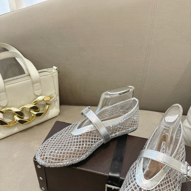 ALAIA 26S MESH FLATS IN SILVER LAMBSKIN