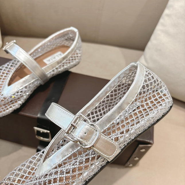 ALAIA 26S MESH FLATS IN SILVER LAMBSKIN