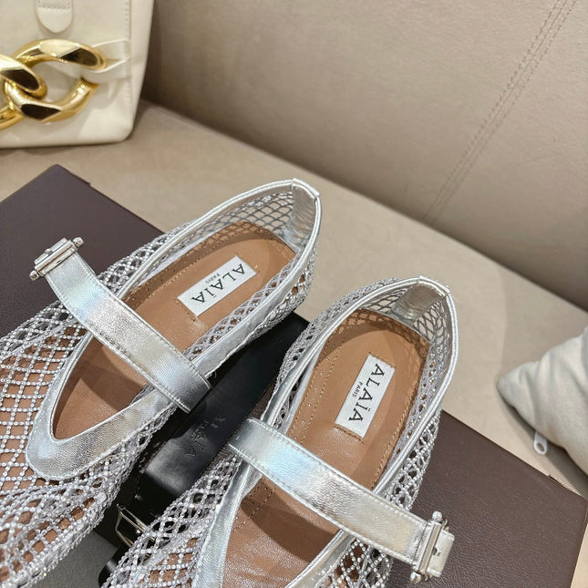 ALAIA 26S MESH FLATS IN SILVER LAMBSKIN