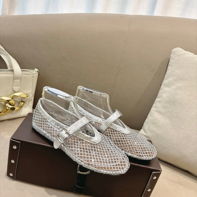 ALAIA 26S MESH FLATS IN SILVER LAMBSKIN