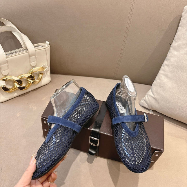 ALAIA 26S MESH FLATS IN NAVY BLUE SUEDE