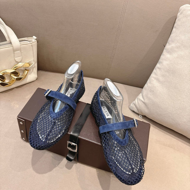 ALAIA 26S MESH FLATS IN NAVY BLUE SUEDE