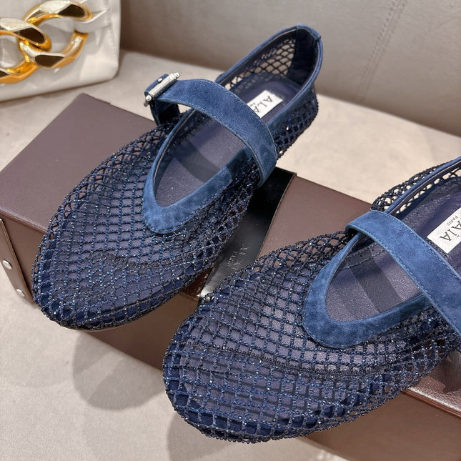 ALAIA 26S MESH FLATS IN NAVY BLUE SUEDE