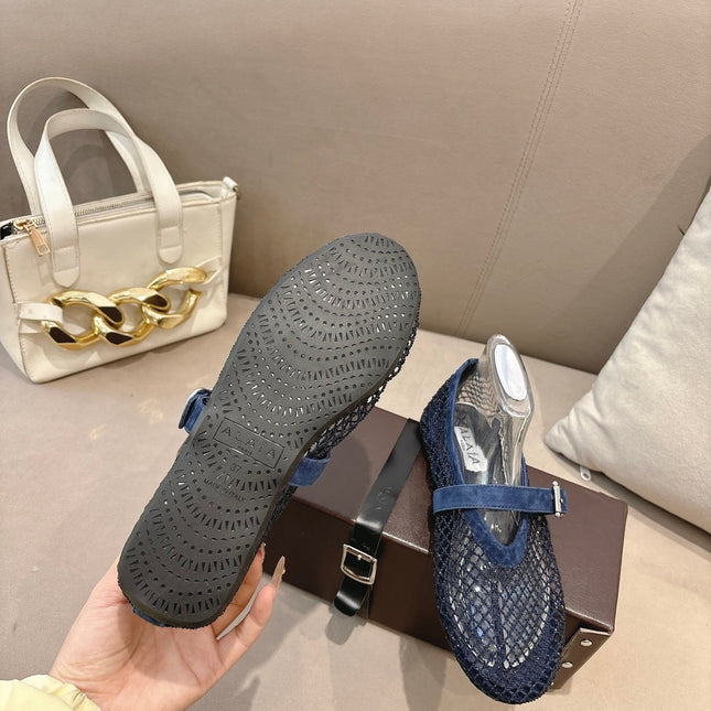 ALAIA 26S MESH FLATS IN NAVY BLUE SUEDE