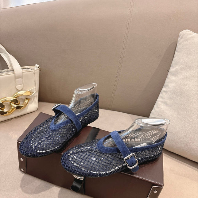 ALAIA 26S MESH FLATS IN NAVY BLUE SUEDE