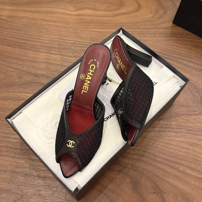 CHANEL 26S COCO BEACH MULES IN BLACK MESH AND FARBIC