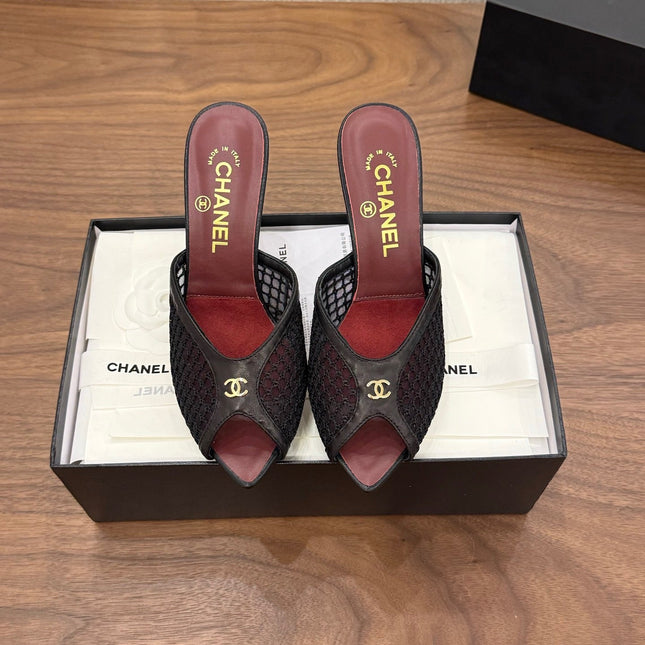 CHANEL 26S COCO BEACH MULES IN BLACK MESH AND FARBIC