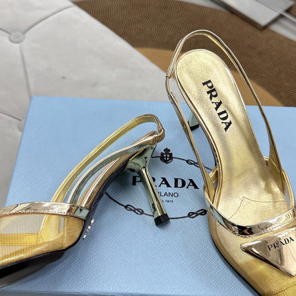 PRADA 25S TRIANGLE LOGO SLINGBACK PUMPS IN GOLD MESH FABRIC