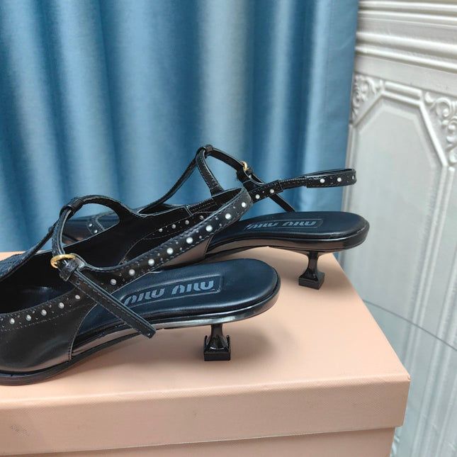 SLINGBACK BLACK LAMBSKIN WITH T- STRAPS