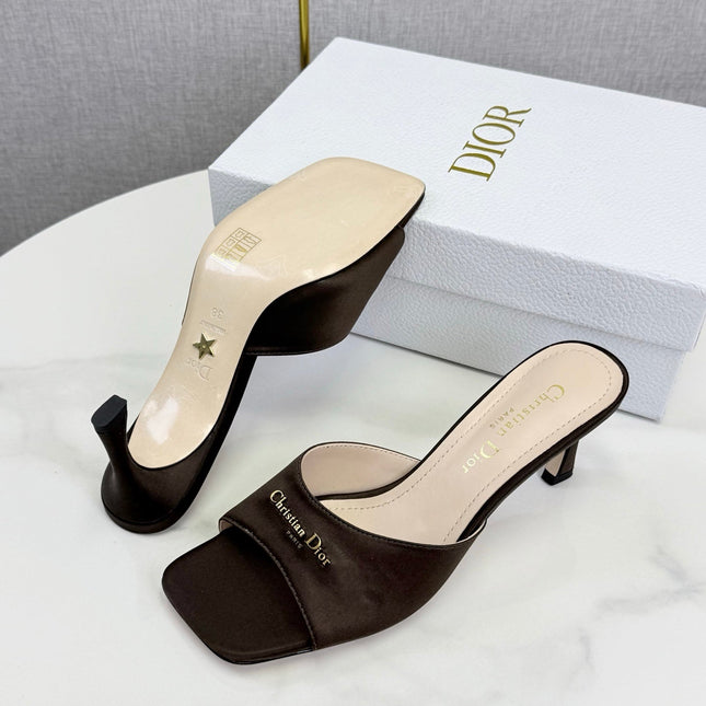 DIOR 26S HIGH-HEELED MULES IN DARK BROWN SATIN GOLD HARDWARE