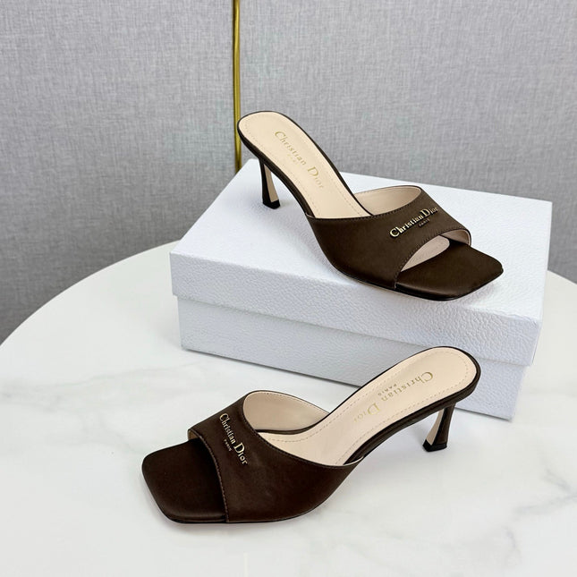 DIOR 26S HIGH-HEELED MULES IN DARK BROWN SATIN GOLD HARDWARE
