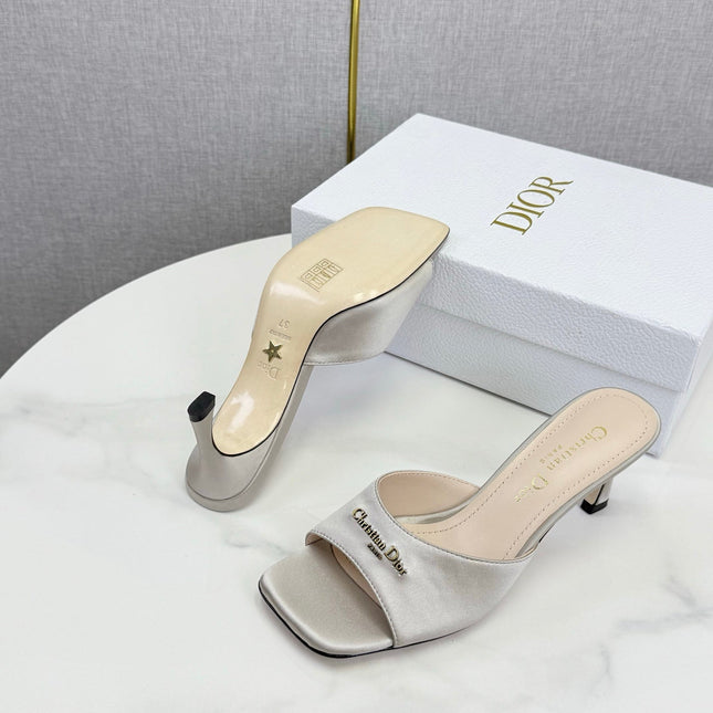 DIOR 26S HIGH-HEELED MULES IN LIGHT GRAY SATIN GOLD HARDWARE