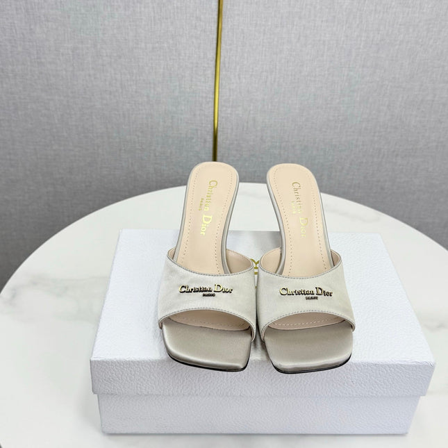 DIOR 26S HIGH-HEELED MULES IN LIGHT GRAY SATIN GOLD HARDWARE