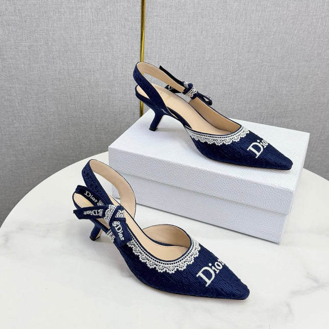 DIOR 26S SLINGBACK PUMPS IN NAVY BLUE FABRIC EMBOSSED LOGO
