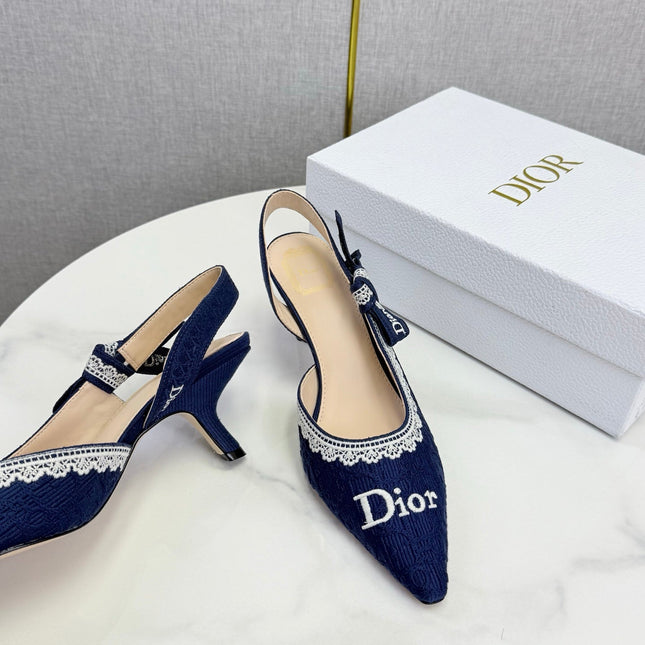 DIOR 26S SLINGBACK PUMPS IN NAVY BLUE FABRIC EMBOSSED LOGO