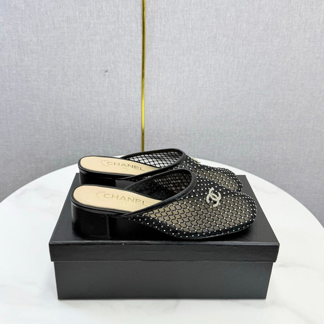 CHANEL 26S MESH HIGH HEEL MULES IN BLACK LAMBSKIN