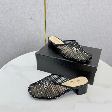 CHANEL 26S MESH HIGH HEEL MULES IN BLACK LAMBSKIN