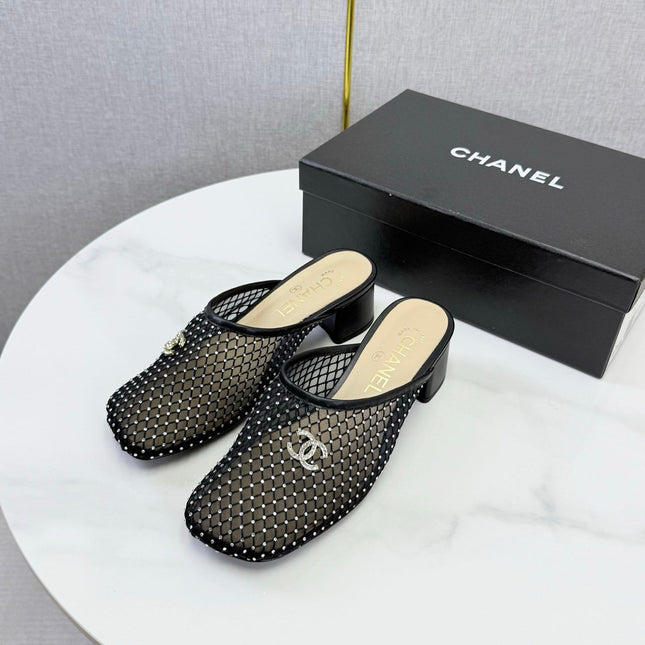 CHANEL 26S MESH HIGH HEEL MULES IN BLACK LAMBSKIN