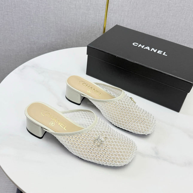 CHANEL 26S MESH HIGH HEEL MULES IN WHITE LAMBSKIN