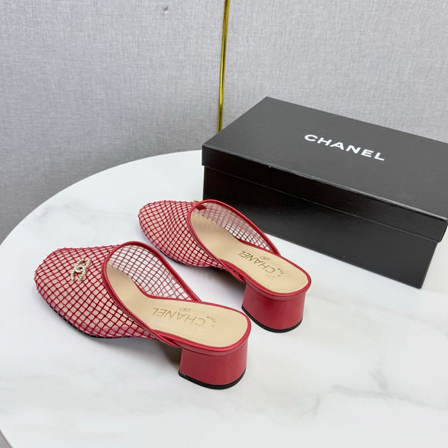 CHANEL 26S MESH HIGH HEEL MULES IN RED LAMBSKIN