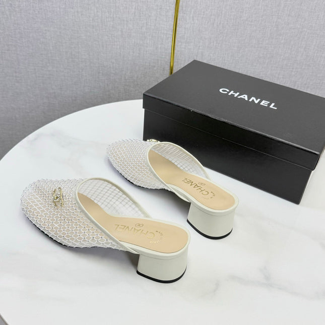 CHANEL 26S MESH HIGH HEEL MULES IN WHITE LAMBSKIN
