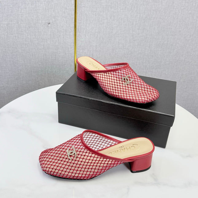 CHANEL 26S MESH HIGH HEEL MULES IN RED LAMBSKIN