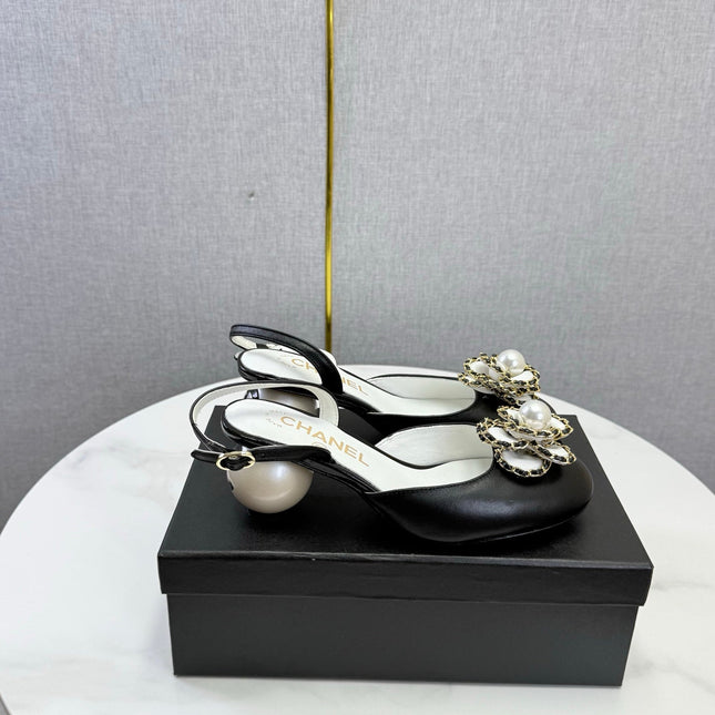 CHANEL 26S CAMELLIA PEARL SLINGBACKS IN BLACK CALFSKIN