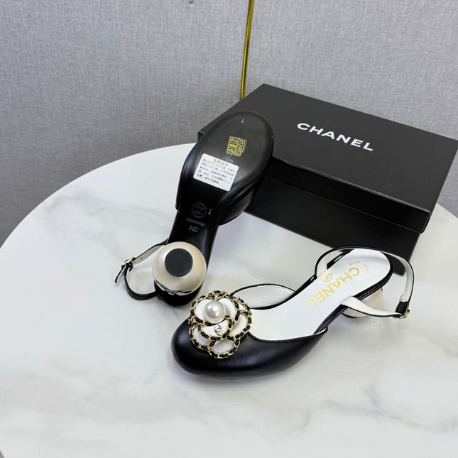 CHANEL 26S CAMELLIA PEARL SLINGBACKS IN BLACK CALFSKIN