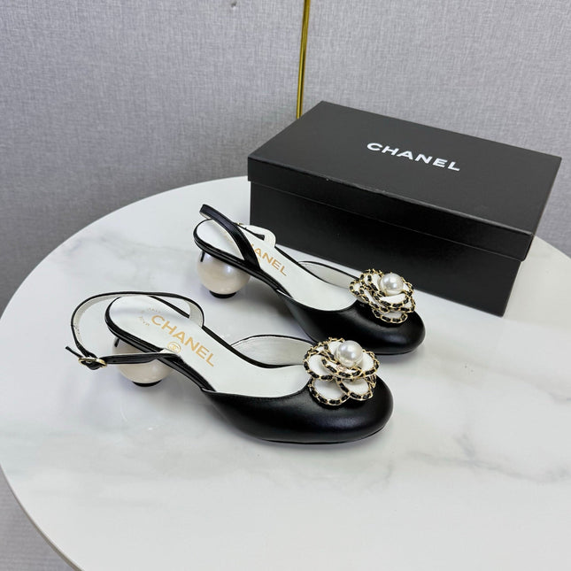 CHANEL 26S CAMELLIA PEARL SLINGBACKS IN BLACK CALFSKIN