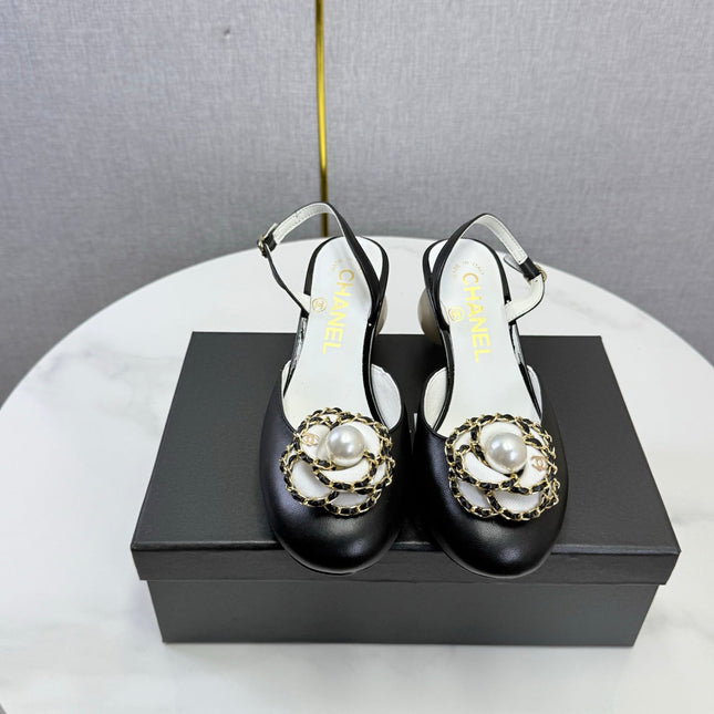 CHANEL 26S CAMELLIA PEARL SLINGBACKS IN BLACK CALFSKIN