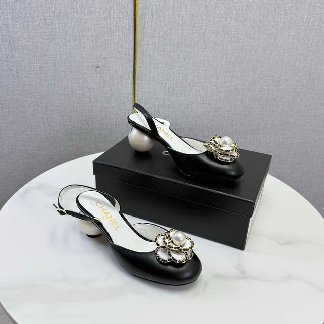 CHANEL 26S CAMELLIA PEARL SLINGBACKS IN BLACK CALFSKIN