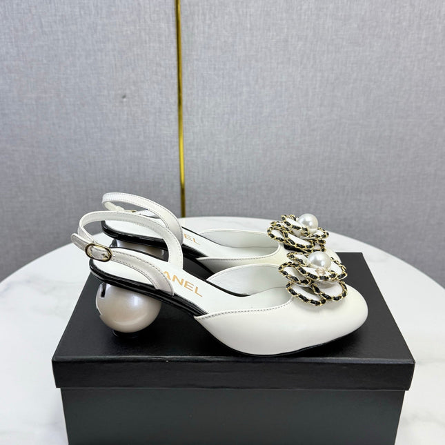 CHANEL 26S CAMELLIA PEARL SLINGBACKS IN WHITE CALFSKIN