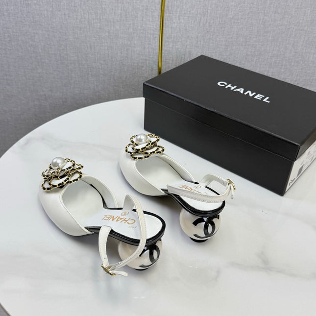 CHANEL 26S CAMELLIA PEARL SLINGBACKS IN WHITE CALFSKIN