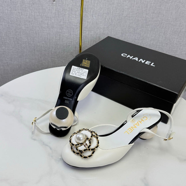 CHANEL 26S CAMELLIA PEARL SLINGBACKS IN WHITE CALFSKIN