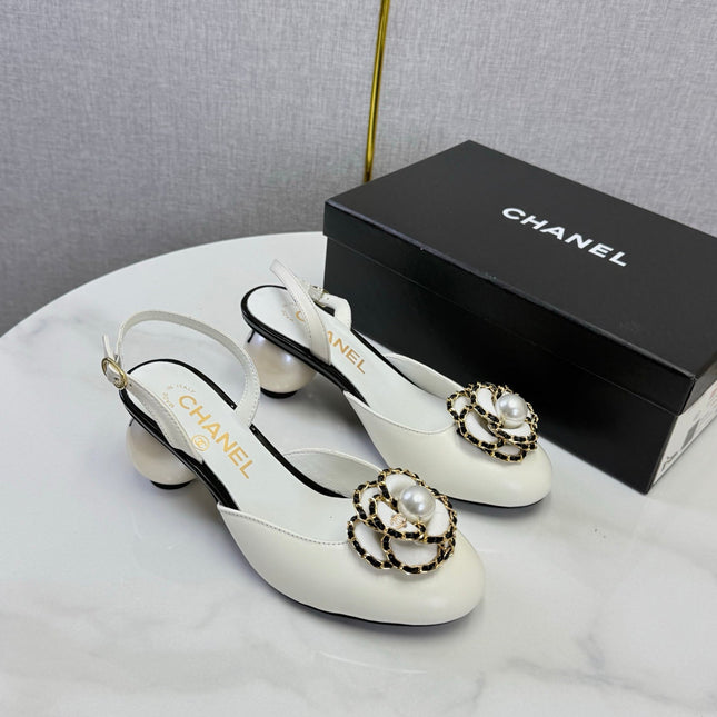 CHANEL 26S CAMELLIA PEARL SLINGBACKS IN WHITE CALFSKIN