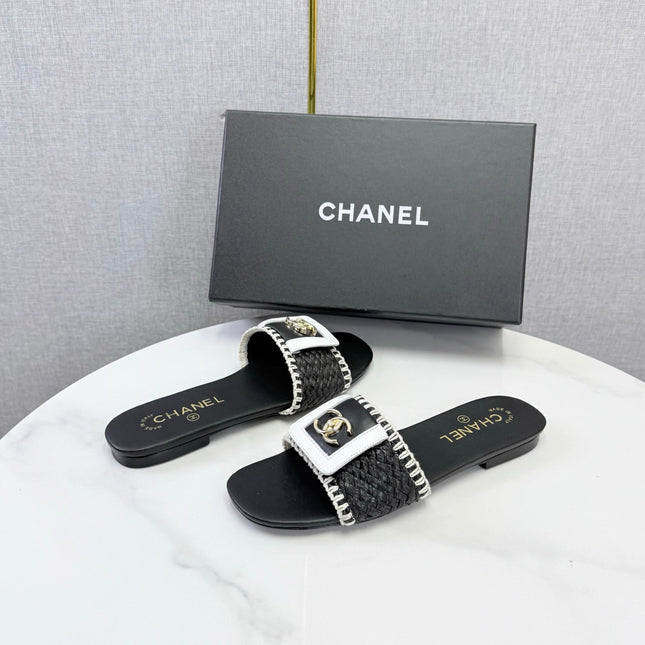 CHANEL 26S WOVEN STRAP SLIDES IN BLACK LAMBSKIN