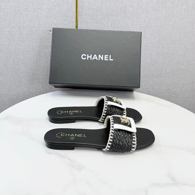CHANEL 26S WOVEN STRAP SLIDES IN BLACK LAMBSKIN