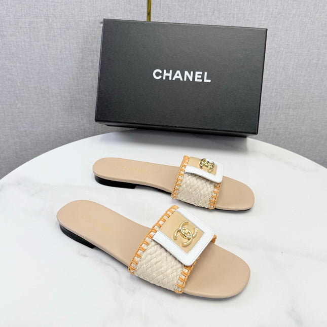 CHANEL 26S WOVEN STRAP SLIDES IN BEIGE AND ORANGE LAMBSKIN