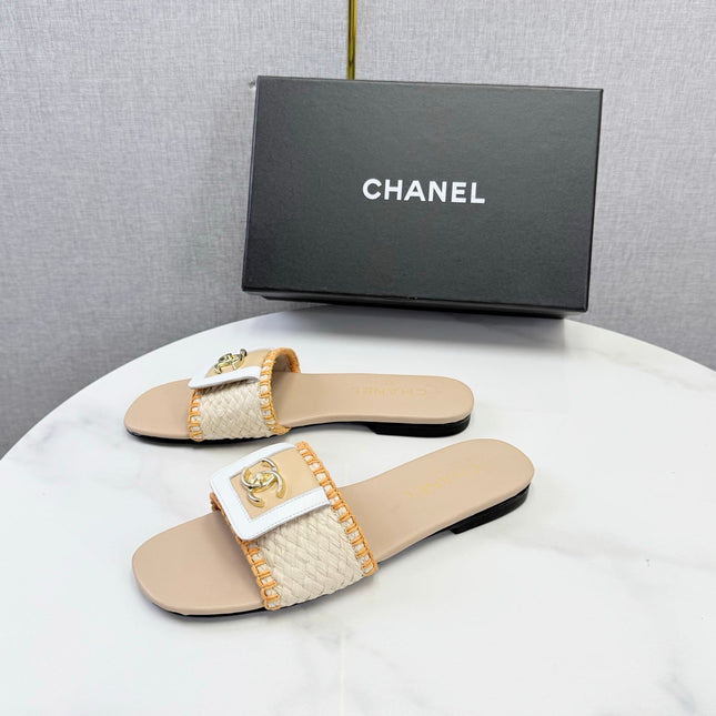 CHANEL 26S WOVEN STRAP SLIDES IN BEIGE AND ORANGE LAMBSKIN