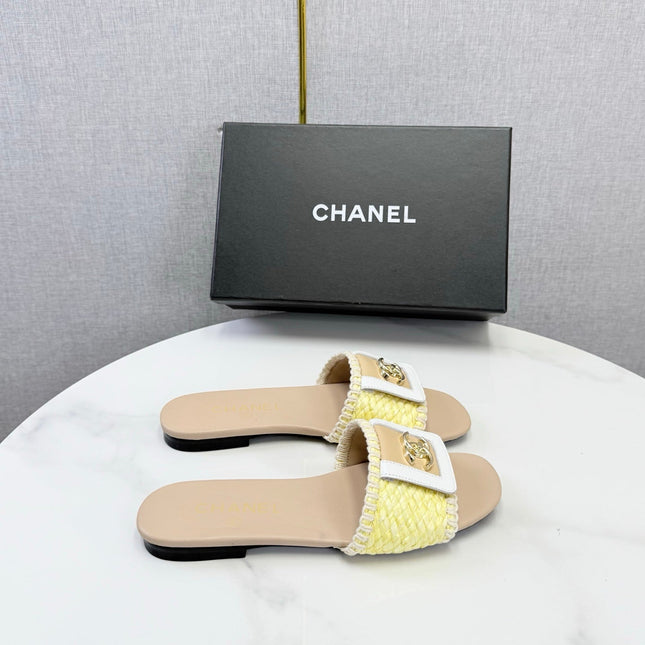 CHANEL 26S WOVEN STRAP SLIDES IN YELLOW AND BEIGE LAMBSKIN