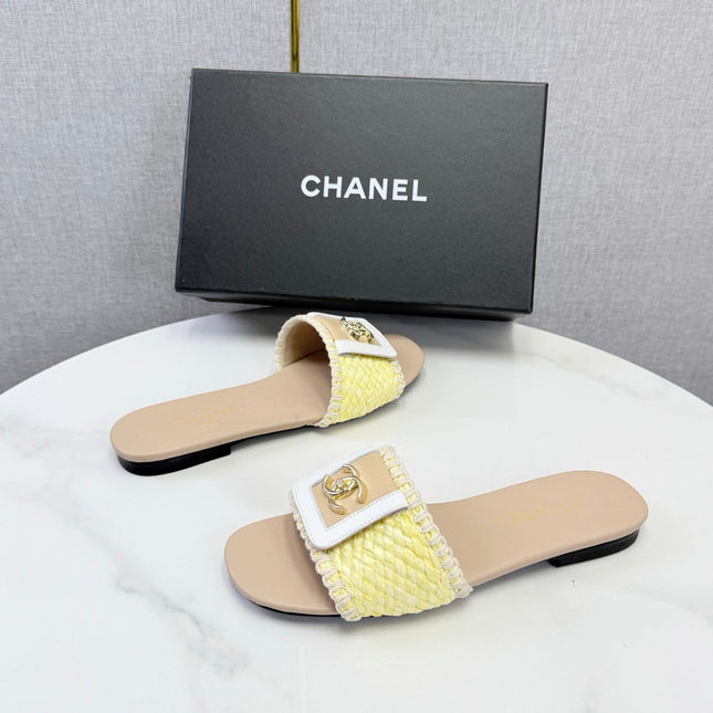 CHANEL 26S WOVEN STRAP SLIDES IN YELLOW AND BEIGE LAMBSKIN