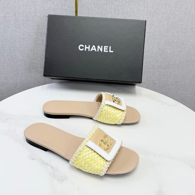 CHANEL 26S WOVEN STRAP SLIDES IN YELLOW AND BEIGE LAMBSKIN