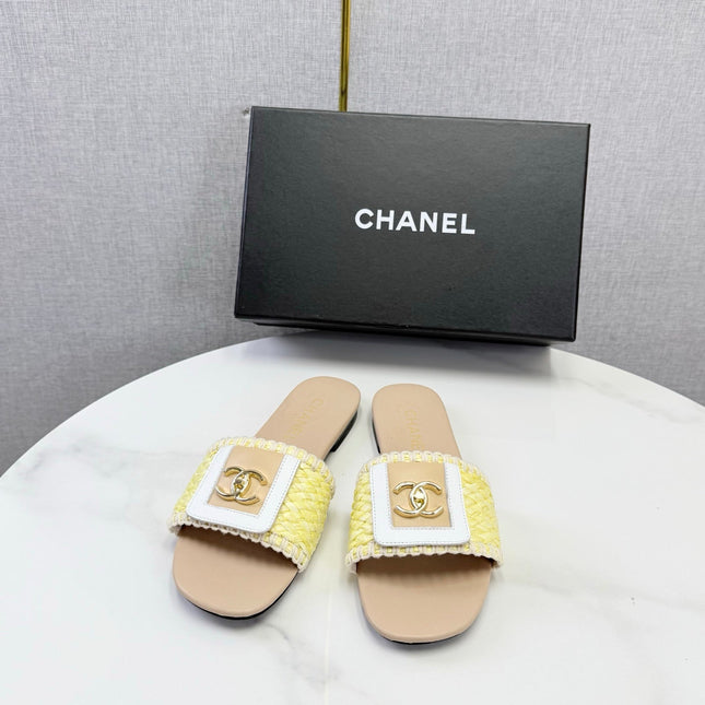 CHANEL 26S WOVEN STRAP SLIDES IN YELLOW AND BEIGE LAMBSKIN