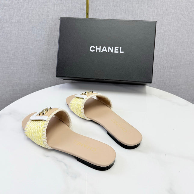 CHANEL 26S WOVEN STRAP SLIDES IN YELLOW AND BEIGE LAMBSKIN