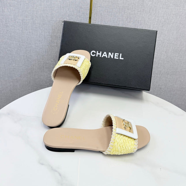 CHANEL 26S WOVEN STRAP SLIDES IN YELLOW AND BEIGE LAMBSKIN